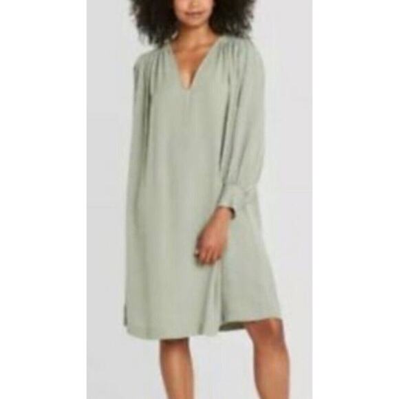 Rebecca Taylor Dress Sz M Sage Green V Neck Cotton Lined Long Sleeves Pockets - Picture 1 of 10